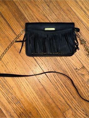 Betsey Johnson Black Fringe Crossbody with Gold Chain